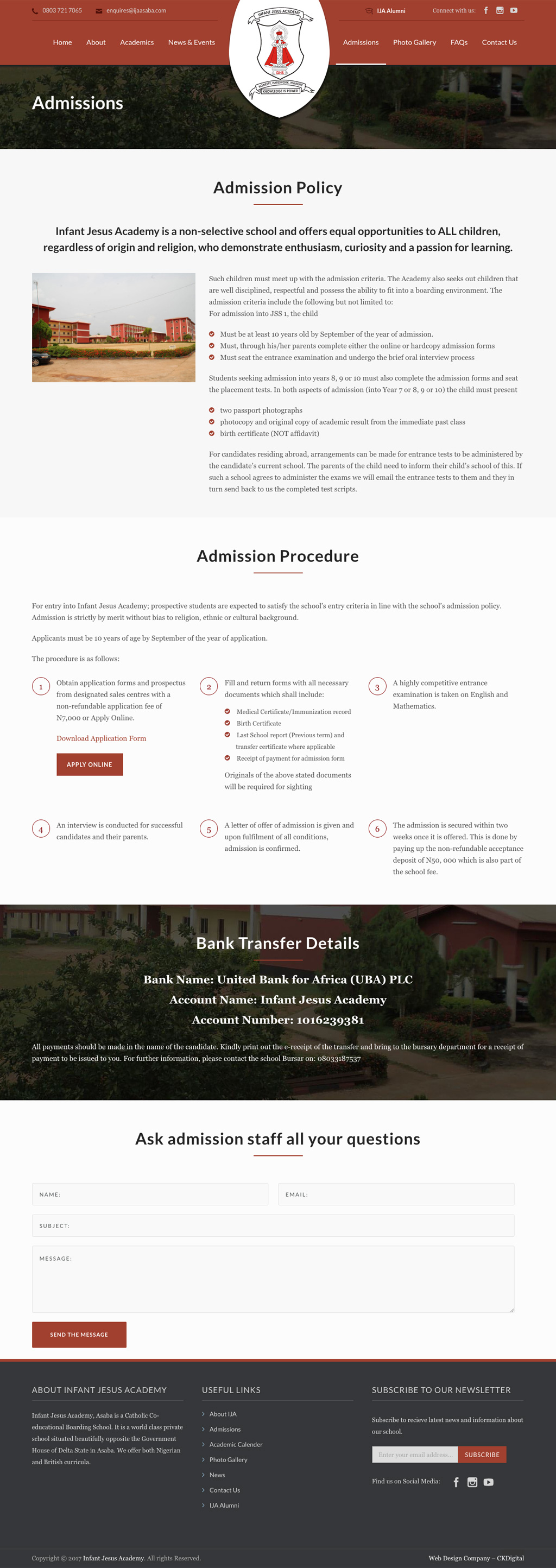 Admissions Page - Infant Jesus Academy Website Design