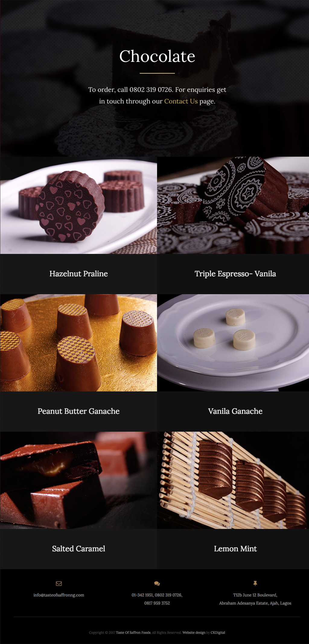 Taste of Saffron Website - Chocolate Page Design